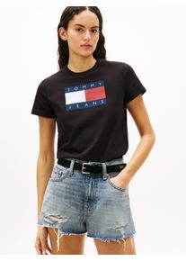 Kurzarmshirt Tommy Jeans "TJW REG TJ FLAG SS TEE", Damen, Gr. XS (34), schwarz, Single Jersey, Obermaterial: 100% Baumwolle, unifarben, regular fit, Rundhals, Shirts Kurzarmshirt