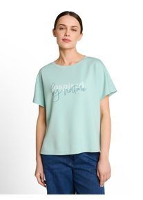 T-Shirt Tom Tailor, Damen, Gr. XS, blau haze, Single Jersey, Obermaterial: 53% Modal, 40% Polyester, 7% Elasthan, bedruckt, loose fit normal, Rundhals, Shirts T-Shirt, mit Schriftzug