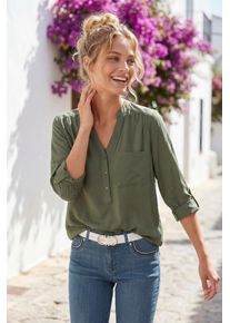 Schlupfbluse Lascana, Damen, Gr. 44, gr&uuml;n (khaki), Web, Obermaterial: 100% Viskose, unifarben, figurumspielend h&uuml;ftlang, V-Ausschnitt, mit Riegel, Blusen Schlupfbluse, mit 3/4-&Auml;rmeln und Knopfleiste, Damenbluse, Topseller