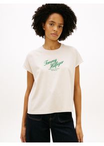 Kurzarmshirt Tommy Hilfiger "SEASONAL SCRIPT CAP SLV TEE", Damen, Gr. XS (34), heather oatmilk, Single Jersey, Obermaterial: 100% Baumwolle, bedruckt, meliert, gerade normal, Rundhals, Raglan&auml;rmel abgesteppt, Shirts Kurzarmshirt, mit Raglan&auml;rmeln, Relaxed Fit