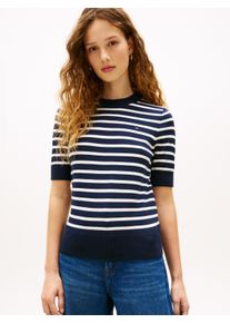 Kurzarmpullover Tommy Hilfiger "CO JERSEY FINE GG C-NK SS SWT", Damen, Gr. XS (34), schwarz night navy, ivory petal stp, Feinstrick, Obermaterial: 67% Baumwolle, 33% Polyamid, gestreift, regular fit normal, Rundhals, eingesetzt gerader Abschluss, Pullover Kurzarmpullover, Baumwollmischung, Regular Fit