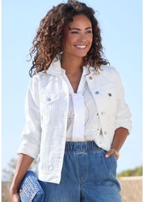 Jeansjacke Lascana, Damen, Gr. 42, blau (wei&szlig;), Denim/Jeans, Obermaterial: 100% Baumwolle, unifarben, figurumspielend h&uuml;ftlang, 1-Knopf-Manschette, Jacken Jeansjacke, mit zwei Pattentaschen, Denimjacke aus Baumwolle, Sommerjacke