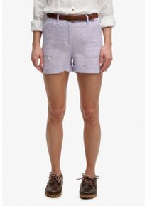 Shorts Superdry "MID RISE LINEN SHORT", Damen, Gr. 24, N-Gr, lila chambray, Web, Obermaterial: 100% Leinen, gestreift, regular fit ca. Mitte Oberschenkel, Hosen Shorts, aus 100% Leinen