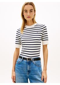 Kurzarmpullover Tommy Hilfiger "CO JERSEY FINE GG C-NK SS SWT", Damen, Gr. XS (34), ivory petal, schwarz n navy stp, Feinstrick, Obermaterial: 67% Baumwolle, 33% Polyamid, gestreift, regular fit normal, Rundhals, eingesetzt gerader Abschluss, Pullover Kurzarmpullover, Baumwollmischung, Regular Fit