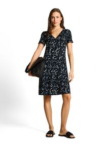 Sommerkleid Tom Tailor, Damen, Gr. 46, N-Gr, navy dot, Web, Obermaterial: 95% Viskose, 5% sonstige Fasern, gemustert, k&ouml;rpernah knielang, V-Ausschnitt, abgesteppte Kante, Kleider Sommerkleid, Sommerkleid mit V-Ausschnitt und Viskose