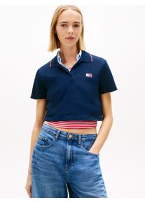 Poloshirt Tommy Jeans "TJW CRP BADGE SHORT SLEEVE POLO", Herren, Gr. XS (34), schwarz night navy 1, Piqu&eacute;, Obermaterial: 97% Baumwolle, 3% Elasthan, unifarben, gerade taillenlang, V-Ausschnitt, abgesteppte Kante, Shirts Poloshirt, mit verk&uuml;rztem Schnitt, Boxy Fit