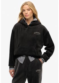 Kapuzensweatshirt Superdry "COUNTRY CLUB VELOUR RELAX HOOD", Damen, Gr. M, schwarzboard, Sweatware, Obermaterial: 96% Polyester, 4% Elasthan, unifarben, oversize, Rundhals, Rippb&uuml;ndchen, Sweatshirts Kapuzensweatshirt