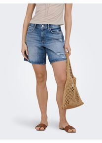 Jeansshorts Only "ONLMILTON MW DESTROY SHORT DNM", Damen, Gr. XS, N-Gr, medium blau denim, Denim/Jeans, Obermaterial: 100% Baumwolle, unifarben, kurz, Jeans Jeansshorts, Baumwolle, Regular Waist, Destroyed Effekte