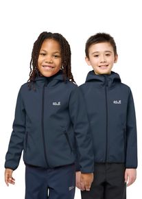 Softshelljacke Jack Wolfskin "FOURWINDS JACKET KIDS", Jungen, Gr. 128, blau (midnight sky), Softshell, Obermaterial: 100% Polyester. Innenseite: 100% Polyester, hoch geschlossener Ausschnitt, eingefasste Kante, Jacken Softshelljacke