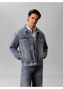 Jeansjacke Calvin Klein Jeans "ANDREW CLASSIC TRUCKER", Damen, Gr. L, blau denim, Denim/Jeans, Obermaterial: 100% Baumwolle, unifarben, bequem h&uuml;ftlang, 1-Knopf-Manschette, Jacken Jeansjacke, authentische 90er-Jahre-Passform, Metallkn&ouml;pfe mit Logo