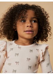 Langarmshirt LIL' ATELIER "NMFGAVO EKO LS SLIM TOP LIL NOOS", M&auml;dchen, Gr. 104, silber peony aop:bow, Jersey, Obermaterial: 57% Baumwolle, 38% Lyocell, 5% Elasthan, bedruckt, slim fit normal, Rundhals, Shirts Langarmshirt, mit R&uuml;schen, weiche Jersey Rippqualit&auml;t, Slim Fit