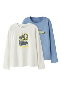 Langarmshirt name it "NKMVUX 2P LS TOP", Jungen, Gr. 122/128, cloud dancer pack:endless sky, Jersey, Obermaterial: 95% Baumwolle, 5% Elasthan, bedruckt, regular fit normal, Rundhals, Shirts Langarmshirt, Baumwollmischung, regular fit