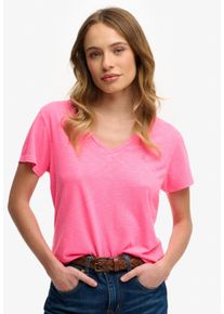 T-Shirt Superdry "STUDIOS SLUB EMB VEE TEE", Damen, Gr. XL, fluro pink, Single Jersey, Obermaterial: 60% Baumwolle, 40% Lyocell, unifarben, regular fit normal, V-Ausschnitt, Shirts T-Shirt, Baumwollmischung, relaxed fit