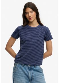 T-Shirt Superdry "ESSENTIAL LOGO STR FITTED TEE", Damen, Gr. XL, mariner navy stripe, Single Jersey, Obermaterial: 100% Baumwolle, gestreift, slim fit normal, Rundhals, Shirts T-Shirt, angenehmes Tragegef&uuml;hl durch besonders weiche Haptik