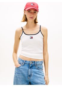 T-Shirt Tommy Jeans "TJW SLIM BADGE STRAPPY TOP", Damen, Gr. XS (34), ecru, Single Jersey, Obermaterial: 95% Baumwolle, 5% Elasthan, unifarben, slim fit h&uuml;ftlang, Balconnet, Shirts T-Shirt, mit den auff&auml;lligen Kontrastdetails