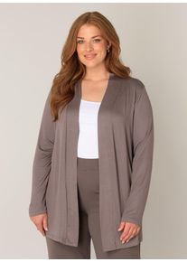 Strickjacke Base Level Curvy "Ayla", Herren, Gr. 50, grau (taupe), Strick, Obermaterial: 94% Viskose, 6% Elasthan, unifarben, figurumspielend ca. Mitte Oberschenkel, eingesetzt abgesteppt, Strickjacken Strickjacke, offen, ohne Verschluss