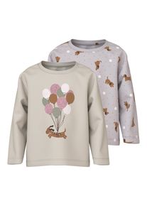 Langarmshirt name it "NMFVELDA 2P LS NREG TOP", M&auml;dchen, Gr. 104, pumice stone pack:lila marble, Jersey, Obermaterial: 100% Baumwolle, mehrfarbig, normal normal, Rundhals, Shirts Langarmshirt, Baumwolle, regular fit