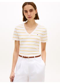 T-Shirt Tommy Hilfiger "SLIM CODY V-NECK SHORT SLEEVE", Damen, Gr. XS (34), fine stp ecru, orange flash, Jersey, Obermaterial: 100% Baumwolle, gestreift, schmal normal, tiefer V-Ausschnitt, abgesteppte Kante, Shirts T-Shirt, aus Baumwolle, Logostickerei, gestreift