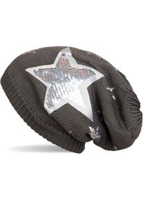 Strickm&uuml;tze styleBREAKER "Strick Beanie mit Pailletten Stern Print", Damen, grau (dunkelgrau), 100% Viskose CV., Modisch, M&uuml;tzen Strickm&uuml;tze