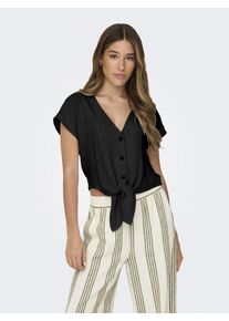 Kurzarmbluse Only "ONLSIESTA SS KNOT LIN BL SHIRT PNT NOOS", Damen, Gr. S, schwarz, Web, Obermaterial: 80% Viskose, 20% Leinen, unifarben, regular fit kurz, V-Ausschnitt, Blusen Kurzarmbluse, Viskosemischung, regular fit