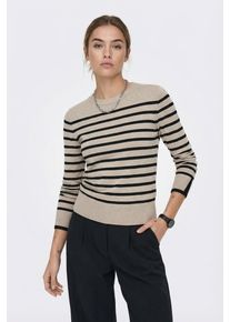 Rundhalspullover Only "ONLKALANA LS O-NECK KNT NCA", Damen, Gr. XS, beige (wei&szlig;cap gray stripes:schwarz), Strick, Obermaterial: 73% Viskose, 27% Polyester, gestreift, slim fit h&uuml;ftlang, Rundhals, Pullover Rundhalspullover