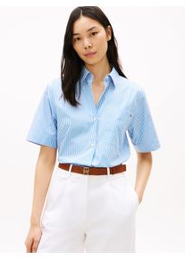 Kurzarmbluse Tommy Hilfiger "ESSENTIAL POPLIN SHORT SLEEVE SHIRTS", Damen, Gr. XL (46), classic ithaca stp mesmerizing blau, Popeline, Obermaterial: 100% Baumwolle, gestreift, l&auml;ssig geschnitten normal, Rundhals, angesetztes B&uuml;ndchen, Blusen Kurzarmbluse, mit Hemdkragen, Flag Stickerei auf der Brust