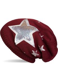 Strickm&uuml;tze styleBREAKER "Strick Beanie mit Pailletten Stern Print", Damen, rot (bordeaux, rot), 100% Viskose CV., Modisch, M&uuml;tzen Strickm&uuml;tze