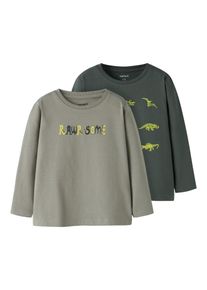 Langarmshirt name it "NMMVUX 2P LS TOP", Jungen, Gr. 110, shadow pack:urban chic, Jersey, Obermaterial: 95% Baumwolle, 5% Elasthan, bedruckt, unifarben, regular fit normal, Rundhals, Shirts Langarmshirt, Baumwollmischung, regular fit