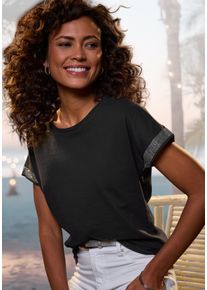 Kurzarmshirt Lascana "mit glitzernem Strass-Design am Arm", Damen, Gr. 44/46, schwarz, Single Jersey, Obermaterial: 100% Baumwolle, unifarben, figurumspielend, Rundhals, Shirts Kurzarmshirt, aus weicher Baumwoll-Qualit&auml;t