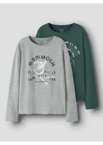 Langarmshirt name it "NKMVUX 2P LS TOP", Jungen, Gr. 122/128, grau melange pack:bistro gr&uuml;n adventure, Jersey, Obermaterial: 95% Baumwolle, 5% Elasthan, bedruckt, regular fit normal, Rundhals, Shirts Langarmshirt, Baumwollmischung, regular fit
