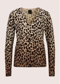 Madeleine Mode Longpullover MADELEINE "Strickpullover Luxuri&ouml;ser Wollpullover mit Animal-Design", Damen, Gr. 44/46, beige (beige, tabakbraun, multicolor), Obermaterial: 100% Schurwolle WV., Modern, V-Ausschnitt, Pullover Longpullover, Animal Design mit Farbverlauf