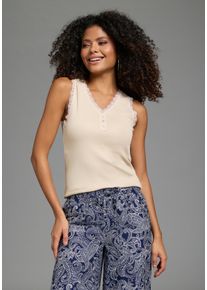 Tanktop Laura Scott, Damen, Gr. 44/46, beige, Rippware, Obermaterial: 95% Baumwolle, 5% Elasthan. Spitze: 95% Polyester, 5% Elasthan, unifarben, sehr figurbetont h&uuml;ftbedeckend, V-Ausschnitt, Tops Tanktop, mit V-Ausschnitt und Knopfleiste, h&uuml;ftbedeckende L&auml;nge