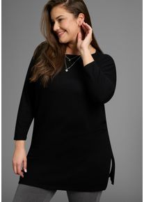 Longpullover LAURA SCOTT CURVE, Damen, Gr. 56/58, schwarz, Feinstrick, Obermaterial: 70% Viskose, 30% Polyamid, unifarben, Basic, figurumspielend h&uuml;ftbedeckend, U-Boot-Ausschnitt, Pullover Longpullover, aus flie&szlig;endem Feinstrick mit seitlichem Schlitz - GROSSE GR&Ouml;SSE