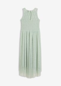 bonprix Vokuhila-Kleid aus zartem T&uuml;ll und Spitze, gr&uuml;n, Gr.170, Elegantes Spitzenkleid mit gerafftem Oberteil: Flie&szlig;ender Rock, gesmokter R&uuml;cken, asymmetrischer Saum &ndash; ein Hauch von Romantik f&uuml;r besondere Momente!
