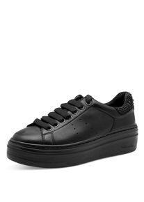 Plateausneaker Tamaris, Damen, Gr. 41, schwarz, Leder, Lederimitat, Textil, gl&auml;nzend, unifarben, Basic, Schuhe Plateausneaker, Schn&uuml;rschuh, Halbschuh mit Schmucksteinen an der Ferse, Damensneaker