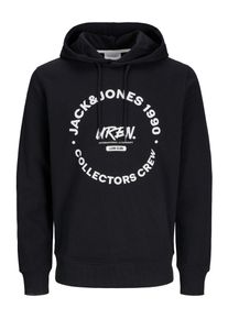 Jack & Jones Kapuzensweatshirt JACK & JONES "JJSIMON SWEAT HOOD", Herren, Gr. M, schwarz, angeraute Sweatware, Obermaterial: 60% Baumwolle, 40% Polyester, bedruckt, normal, Rundhals, Rippb&uuml;ndchen, Sweatshirts Kapuzensweatshirt