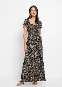 bonprix Maxikleid aus Viskose-Mix, schwarz, Gr.52/54 (XXL), Modernes langes Kleid mit Smok, aus Viskose