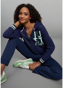 Kapuzensweatjacke Kangaroos, Damen, Gr. 52/54, marine, angeraute Sweatware, Obermaterial: 80% Baumwolle, 20% Polyester. B&uuml;ndchen: 95% Baumwolle, 5% Elasthan. Kapuzenfutter: 100% Baumwolle, bequem h&uuml;ftlang, Rundhals, Rippb&uuml;ndchen, Sweatjacken Kapuzensweatjacke, mit Neon-Details