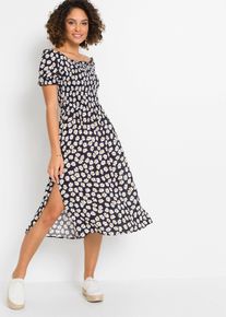 bonprix Midikleid aus reiner Viskose, blau, Gr.48, Modernes Kleid mit Smok und sch&ouml;nem Druck