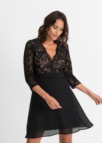 bonprix Chiffonkleid mit Spitze, schwarz, Gr.44/46 (L), Stylisches Kleid mit tiefem V-Ausschnitt