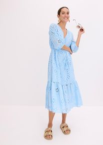 bonprix Midikleid aus reiner Baumwolle mit Lochstickerei, blau, Gr.46, mit V-Ausschnitt und Lochstickerei, aus 100% Baumwolle