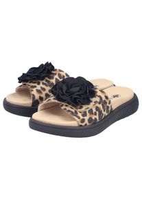 Pantolette Rieker, Damen, Gr. 36, leo, schwarz, Nubuklederimitat, Textil, Schuhe Pantolette, Sommerschuh, Hausschuh, Strandschuh mit bequemem Fu&szlig;bett