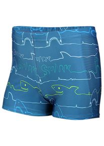 Badehose AQUARTI "Badehose Jungen Badehose Gestreift mit Motiven", Jungen, Gr. 122, N-Gr, blau (haie, jeans), Obermaterial: 80% Polyester PES. 20% Elasthan EL., Badehosen Badehose