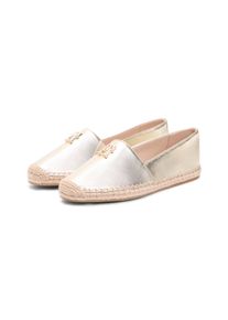 Espadrille Tommy Hilfiger "TH LOGO GOLD ESPADRILLE", Damen, Gr. 35, goldfarben, Leder, geflochten, unifarben, Schuhe Espadrille, Sommerschuh, Schlupfschuh mit edlem TH-Schmuckelement