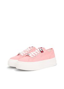 Plateausneaker Tommy Jeans "TJW FLATFORM SNEAKER CHARMS", Damen, Gr. 35, rosa, Baumwolle, unifarben, Schuhe Plateausneaker, Halbschuh, Schn&uuml;rer, Freizeischuh mit kleiner TJ-Flagge als Anh&auml;nger