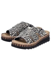 Pantolette Rieker, Damen, Gr. 42, creme, schwarz, Lederimitat, Schuhe Pantolette, Keilabsatz, Sommerschuh, Schlappen mit Juteumrahmung