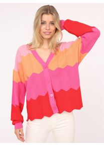 Strickjacke Zwillingsherz "Block Wellen", Damen, Gr. L/XL, pink (rot pink), Strick, Obermaterial: 100% Baumwolle, h&uuml;ftlang, V-Ausschnitt, Strickjacken Strickjacke, Langarm, V-Ausschnitt, Kn&ouml;pfe, Baumwolle, Wellenkante