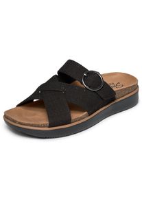 Pantolette Skechers "LIFTED COMFORT-", Damen, Gr. 42, schwarz, Textil, schimmernd, Schuhe Pantolette, Sommerschuh, Hausschuh, Slides mit Schnalle