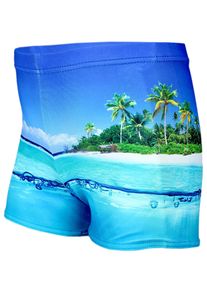 Badehose AQUARTI "Badehose Jungen Badehose Gestreift mit Motiven", Jungen, Gr. 146, N-Gr, blau (insel meer, blau), Obermaterial: 80% Polyester PES. 20% Elasthan EL., Badehosen Badehose