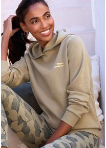 Kapuzenpullover Lascana, Damen, Gr. 48/50, khaki, Sweatware, Obermaterial: 60% Baumwolle, 40% Polyester, bedruckt, unifarben, bequem h&uuml;ftlang, Rundhals, Rippb&uuml;ndchen, Pullover Kapuzenpullover, mit gl&auml;nzendem Druck, Loungewear